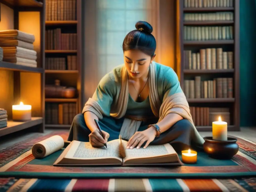 Un anciano calígrafo en un tapiz colorido, escribiendo en un pergamino antiguo en un cuarto con manuscritos, iluminado por una vela