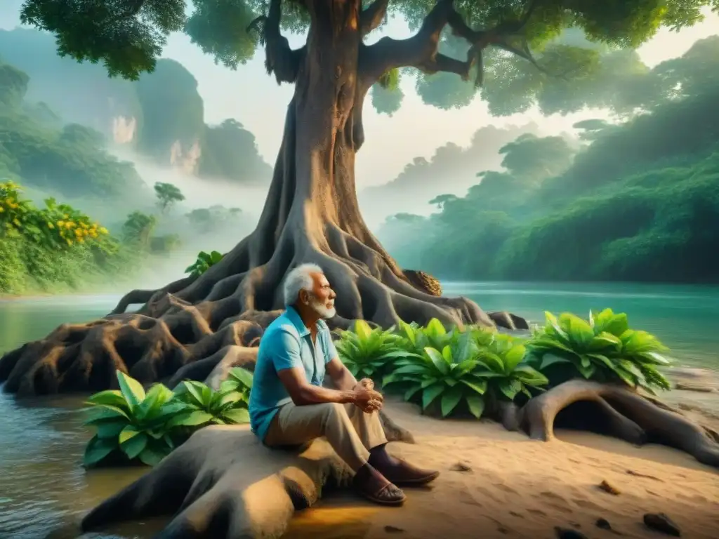 Un anciano Chontal de Tabasco reflexiona bajo un ceiba, rodeado de naturaleza exuberante y símbolos tradicionales
