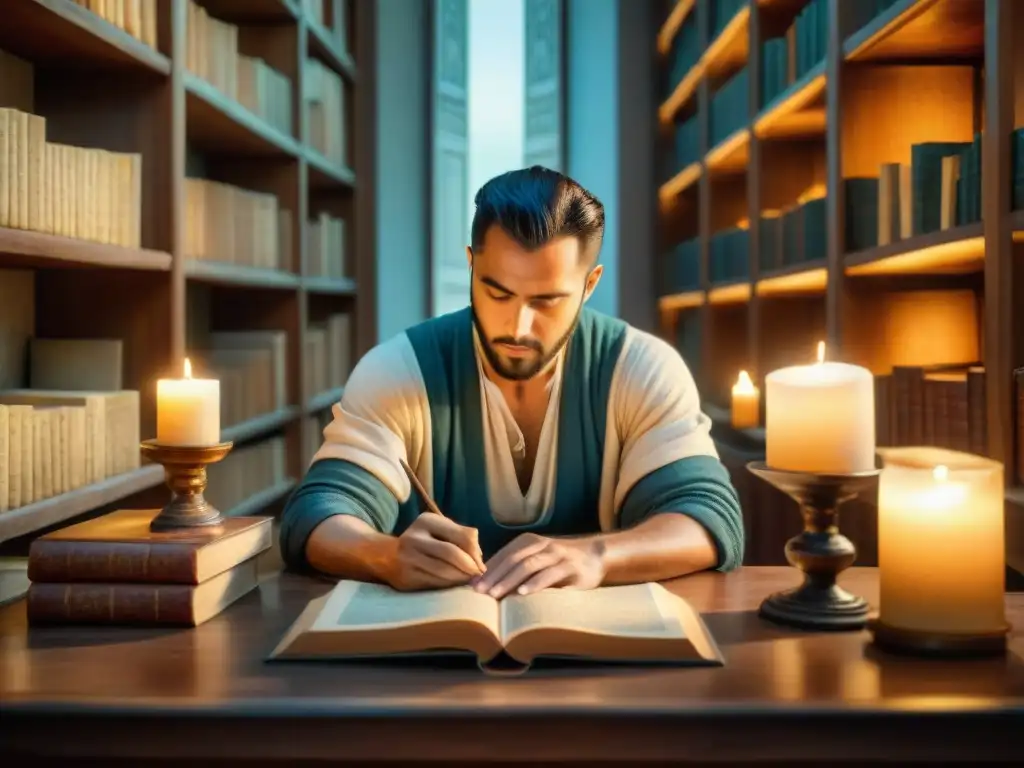 Un anciano erudito griego estudia manuscritos bajo la luz de velas, rodeado de libros y pergaminos antiguos