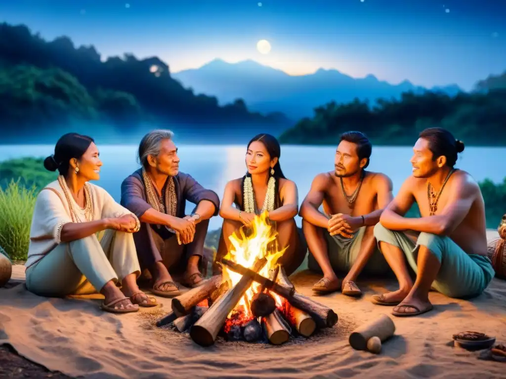 Un anciano indígena Pame cuenta una historia junto al fuego, rodeado de tradición y naturaleza, bajo un cielo estrellado