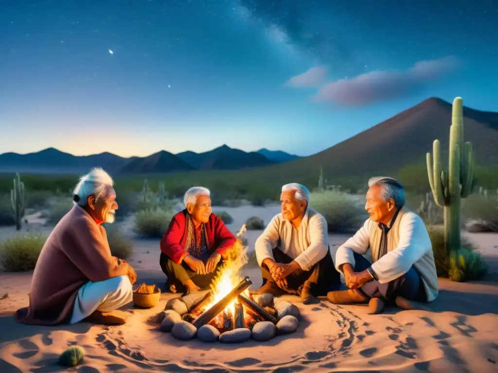 Ancianos Kumiai comparten sabiduría alrededor del fuego en desierto de Baja California, evocando conexión con la lengua kumiai y la tierra