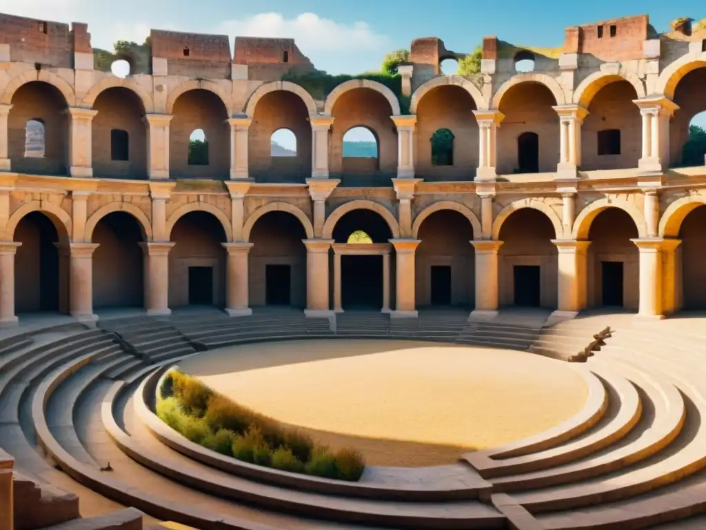 Un anfiteatro romano majestuoso bañado en tonos dorados al atardecer, con sombras danzantes y una figura contemplativa