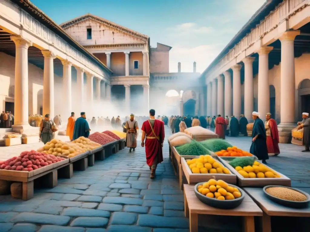 Una animada ilustración acuarela de un bullicioso mercado romano, con ciudadanos y arquitectura romana, bajo un cielo azul