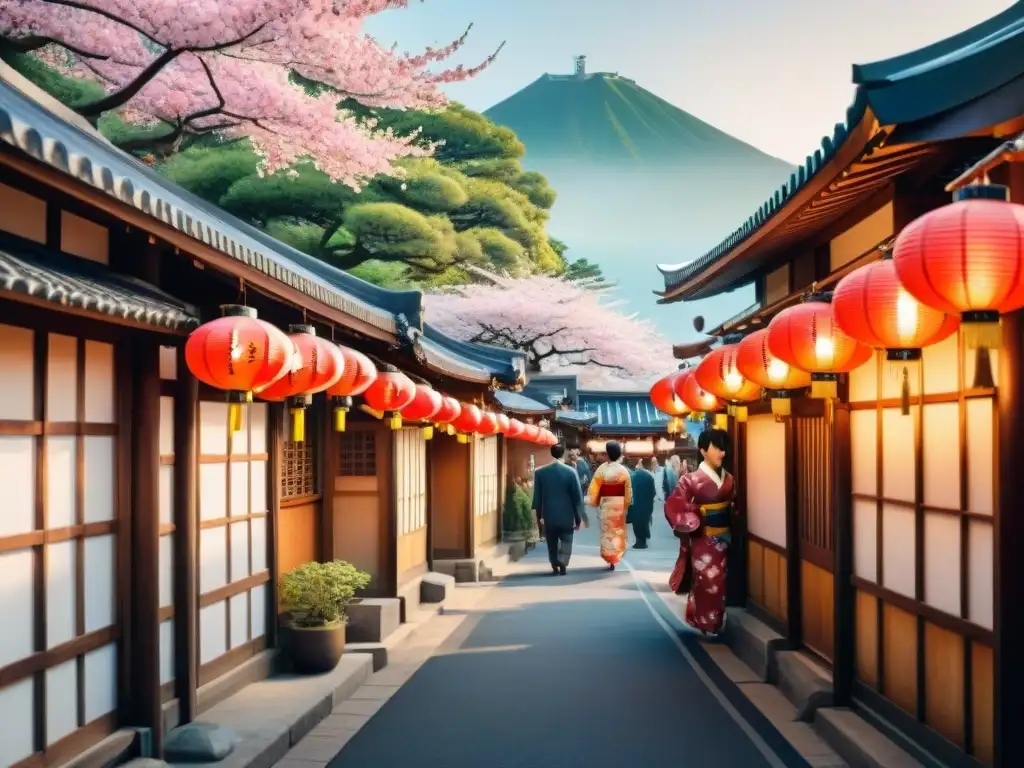 Una animada calle japonesa con edificios tradicionales, faroles, sakuras en flor y personas vestidas con kimonos y yukatas