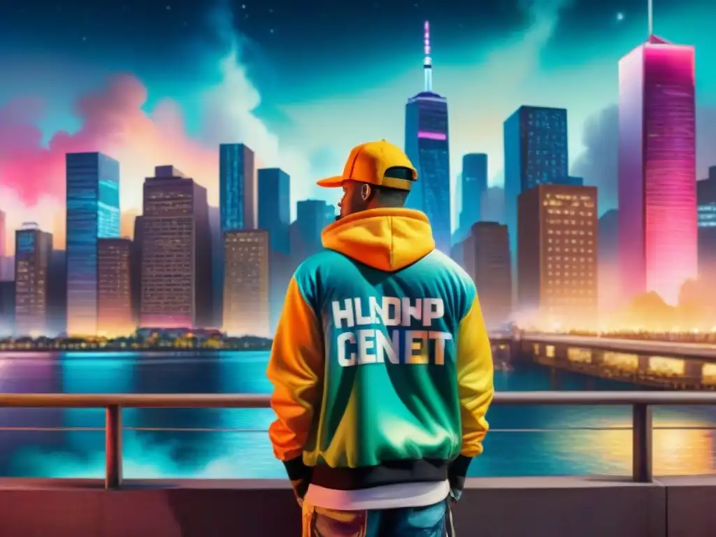 Cityscape nocturno: vibrante escena urbana de rap y hiphop Una animada ciudad nocturna con luces de neón, rascacielos y graffiti
