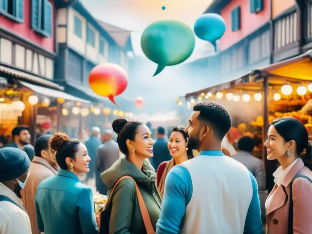 Una animada discusión entre personas de diversas culturas en un mercado vibrante, reflejando la relación lenguaje poder control social