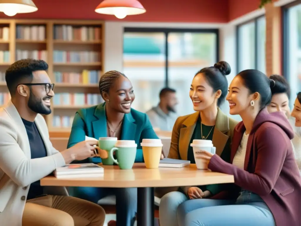 Una animada escena en una cafetería donde personas diversas conversan en varios idiomas, rodeadas de materiales de aprendizaje de idiomas