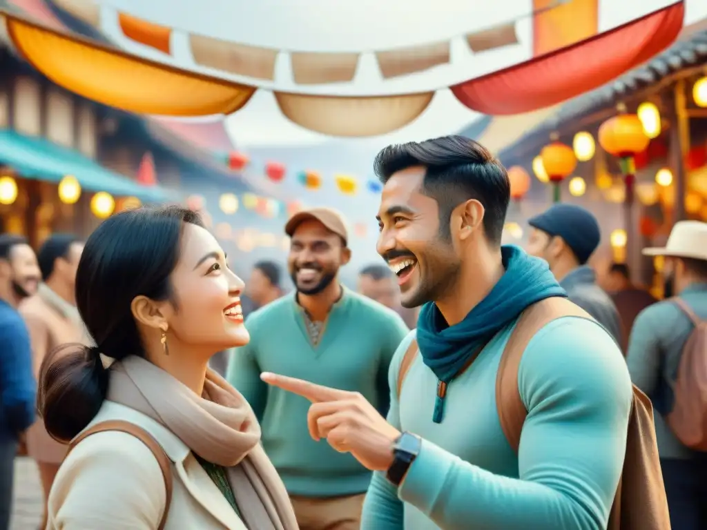 Una animada escena de intercambio cultural en un mercado vibrante entre estudiantes de idiomas y hablantes nativos de todo el mundo