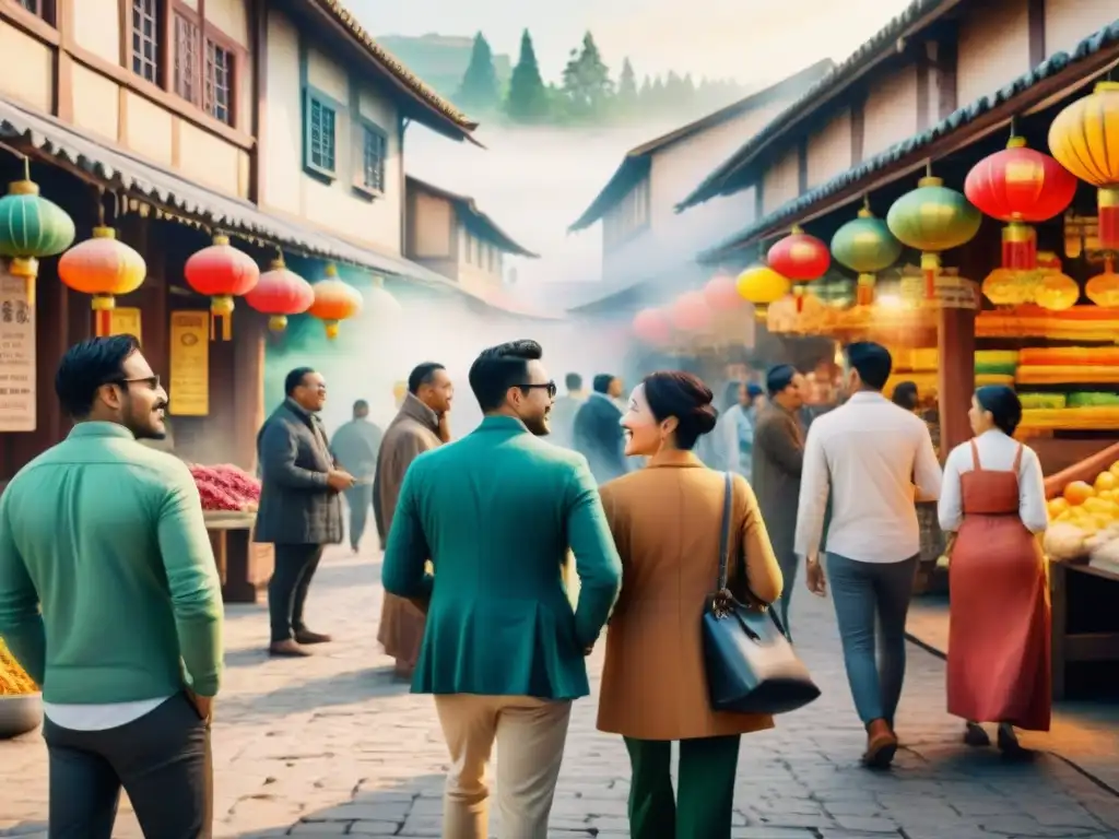 Una animada escena multicultural en un mercado vibrante, donde personas de distintos orígenes comparten historias en sus dialectos