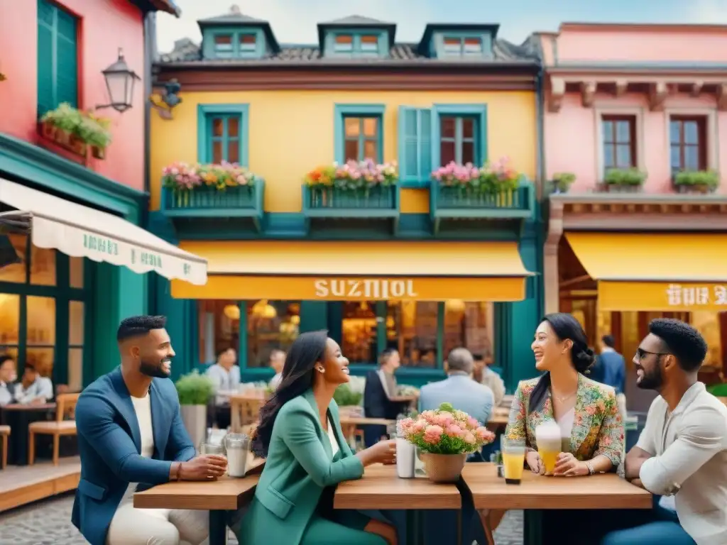 Una animada escena de transferencia lingüística entre idiomas en un café al aire libre, con una diversa multitud hablando diferentes idiomas