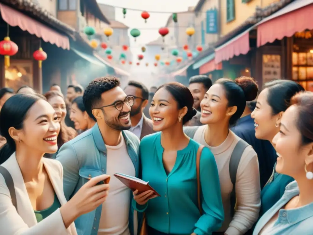 Una animada sesión de intercambio cultural y aprendizaje de idiomas en un mercado, con libros y globos de diálogo multilingües