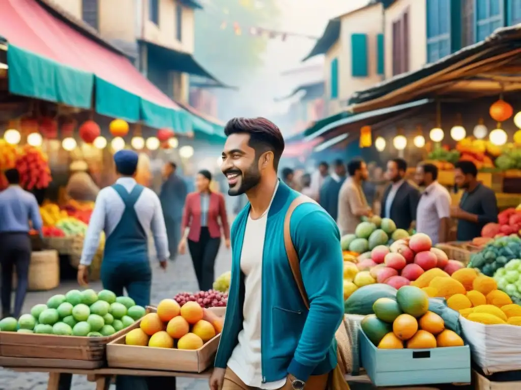 Animada ilustración acuarela de un mercado callejero lleno de personas intercambiando jerga local y aplicaciones enseñar