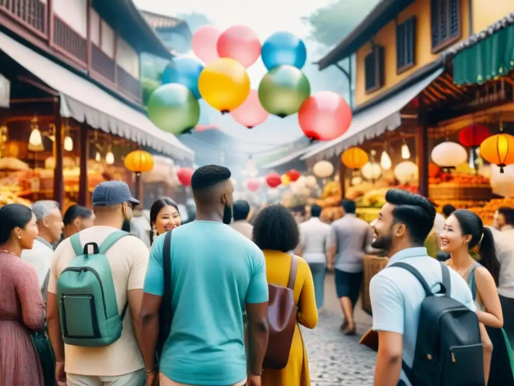 Animada conversación en un mercado vibrante, con diversidad cultural y dialectos únicos