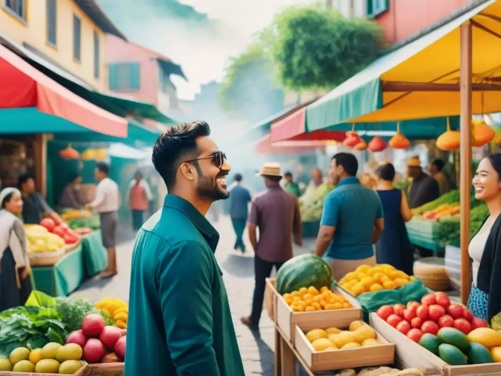 Animada ilustración acuarela de personas conversando en mercado al aire libre, rodeados de puestos y vendedores coloridos