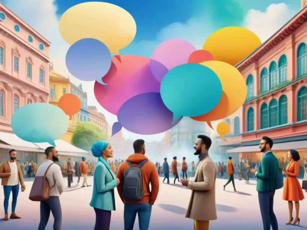 Una animada pintura acuarela de personas diversas en una plaza urbana, fusionando idiomas