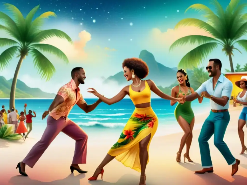 Una animada reunión de baile de salsa caribeña en un escenario tropical, reflejando el origen de la salsa caribeña