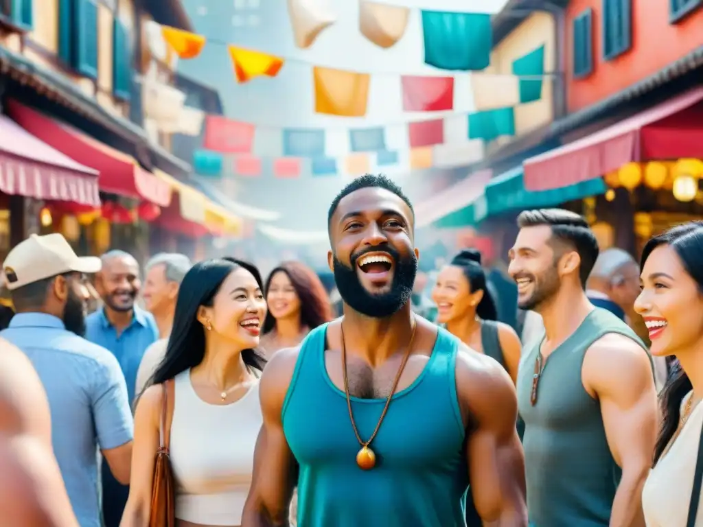 Animadas conversaciones en un vibrante mercado, representando el impacto de dialectos en sociedad