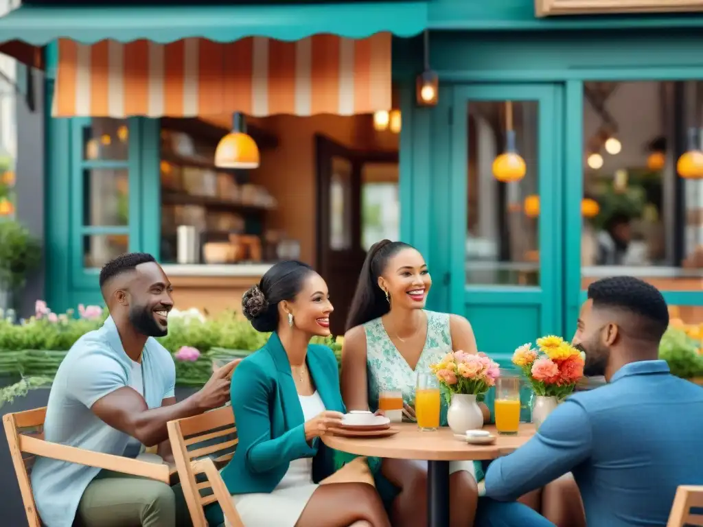 Un animado café al aire libre con personas conversando y expresándose con gestos y sonrisas genuinas, rodeadas de flores coloridas