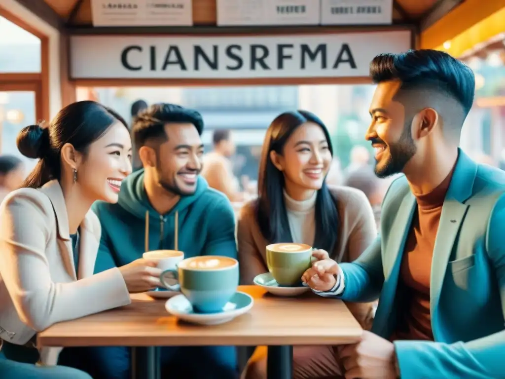 Un animado café donde personas diversas conversan en distintos idiomas, reflejando la belleza de la comunicación multicultural