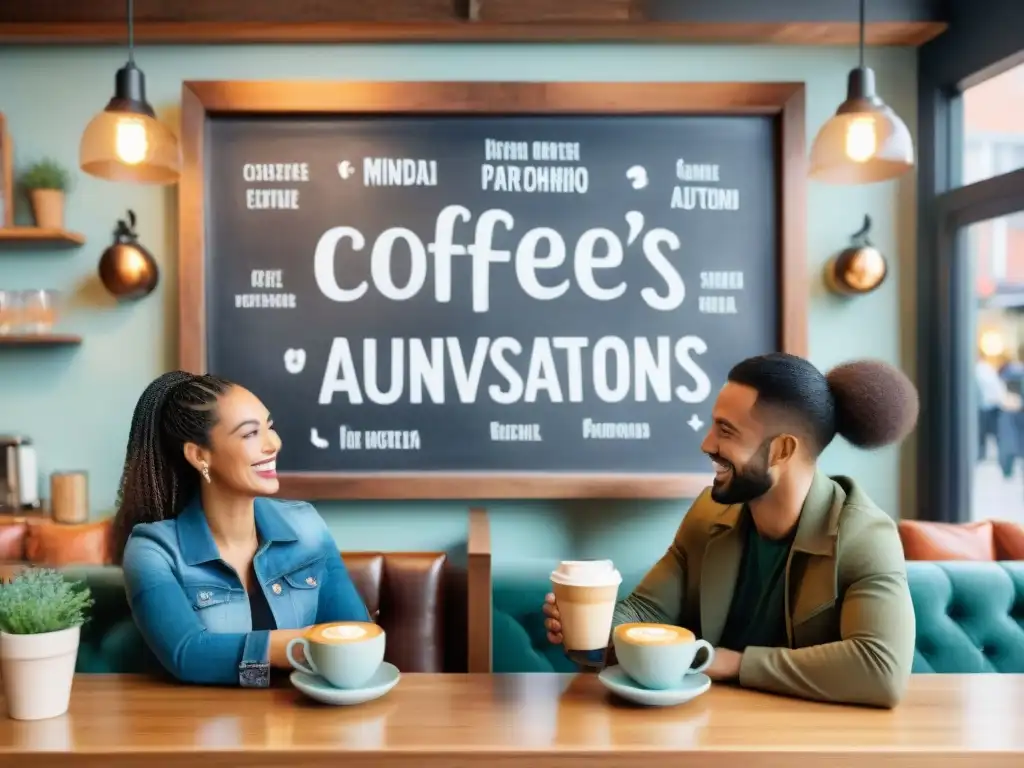 Un animado café donde personas de distintos orígenes conversan en inglés, con frases como 'Consejos para aprender inglés auténtico'