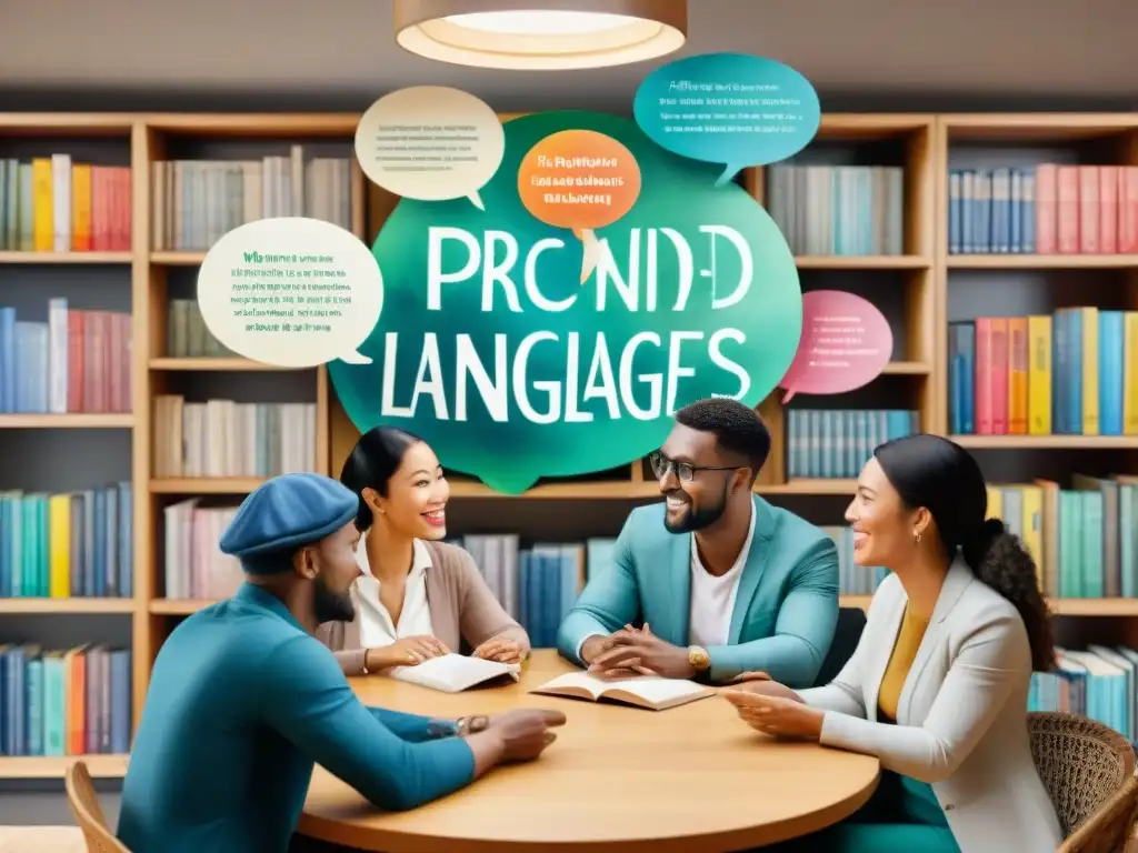 Discusión multicultural: diálogo entre culturas y lenguas Un animado círculo de personas de distintas culturas conversando en varios idiomas, rodeado de libros de diversos idiomas