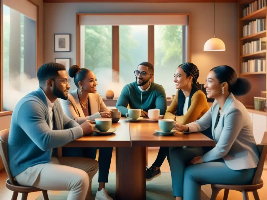 Un animado grupo diverso en profunda conversación en un acogedor estudio lleno de libros, con tazas de té caliente esparcidas