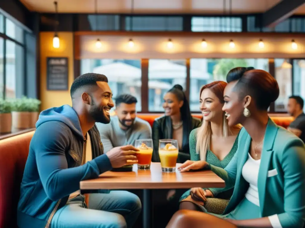 Un animado intercambio cultural en una cafetería, resaltando la Importancia del inglés como lingua franca