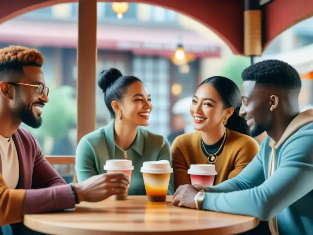 Un animado intercambio de idiomas entre diversas culturas en una acogedora cafetería