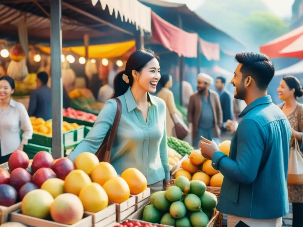 Un animado mercado al aire libre donde personas intercambian Consejos para aprender inglés auténtico, entre puestos vibrantes y coloridos