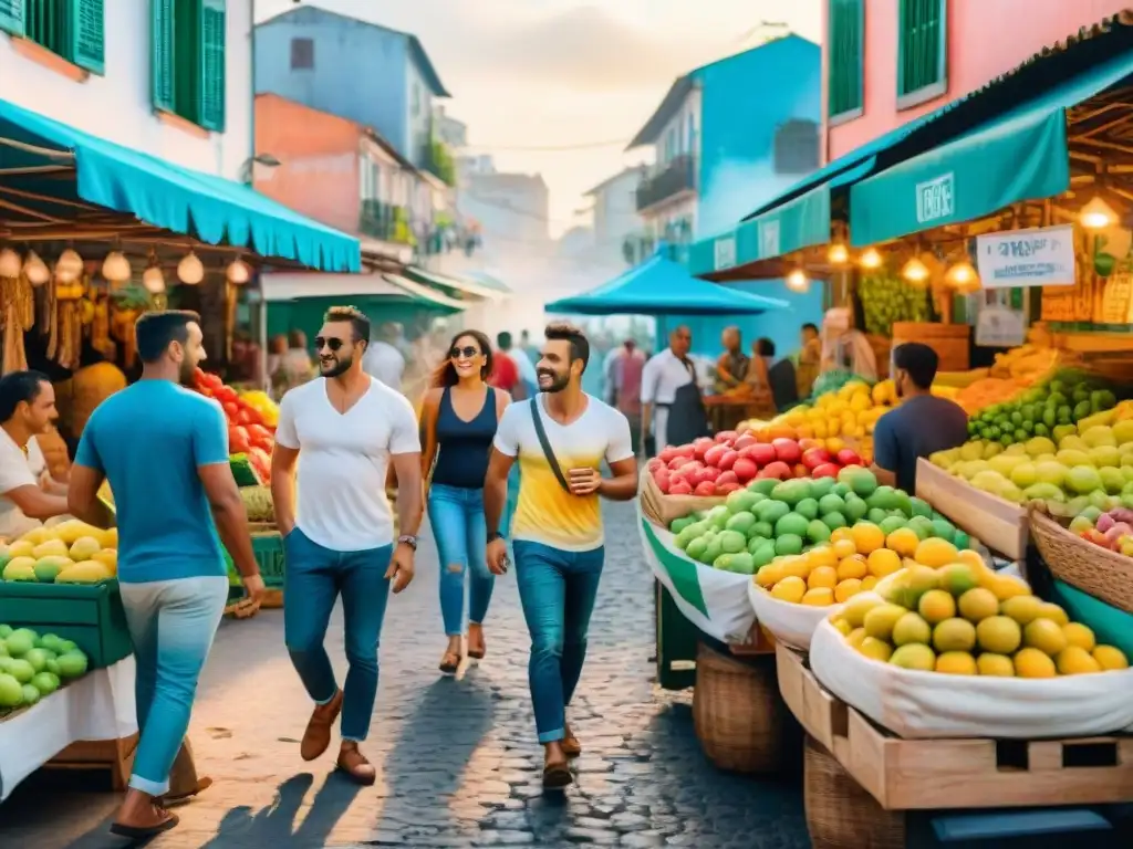 Un animado mercado brasileño con diversidad de personas, frutas coloridas y música tradicional, reflejando la diversidad del portugués brasileño