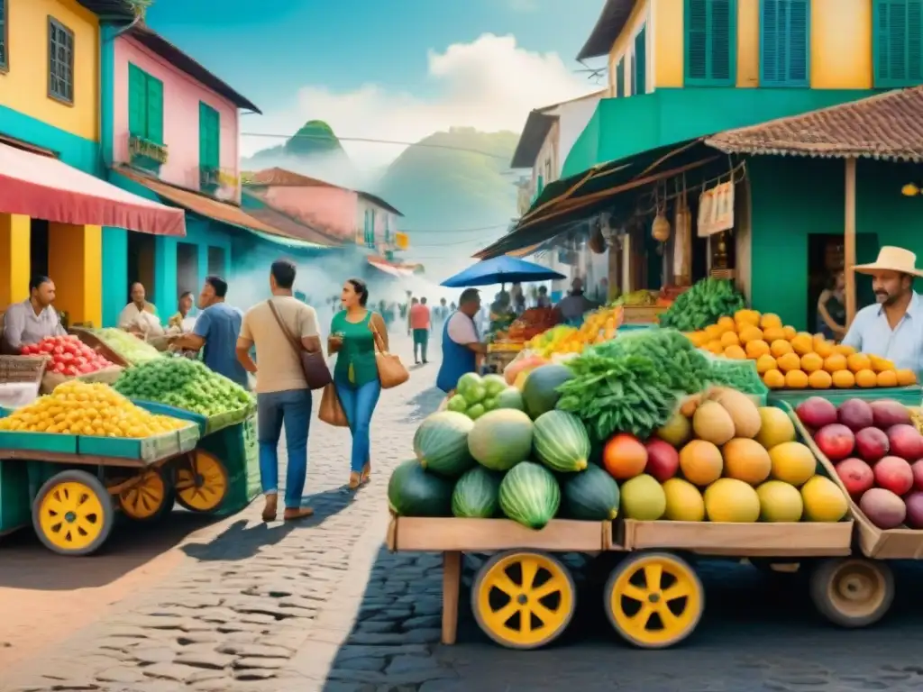 Un animado mercado brasileño pintado en acuarela, con vendedores, alimentos y arquitectura típica