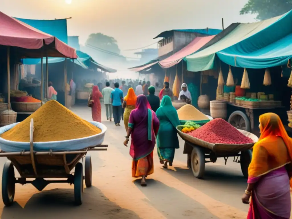 Un animado mercado en Bangladesh, con colores vibrantes y la melodía lingüística del bengalí en el aire