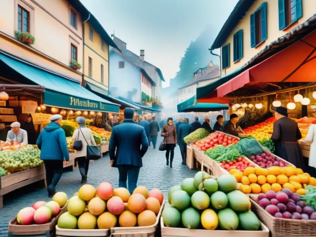 Un animado mercado europeo en acuarela, donde se mezclan dialectos y culturas