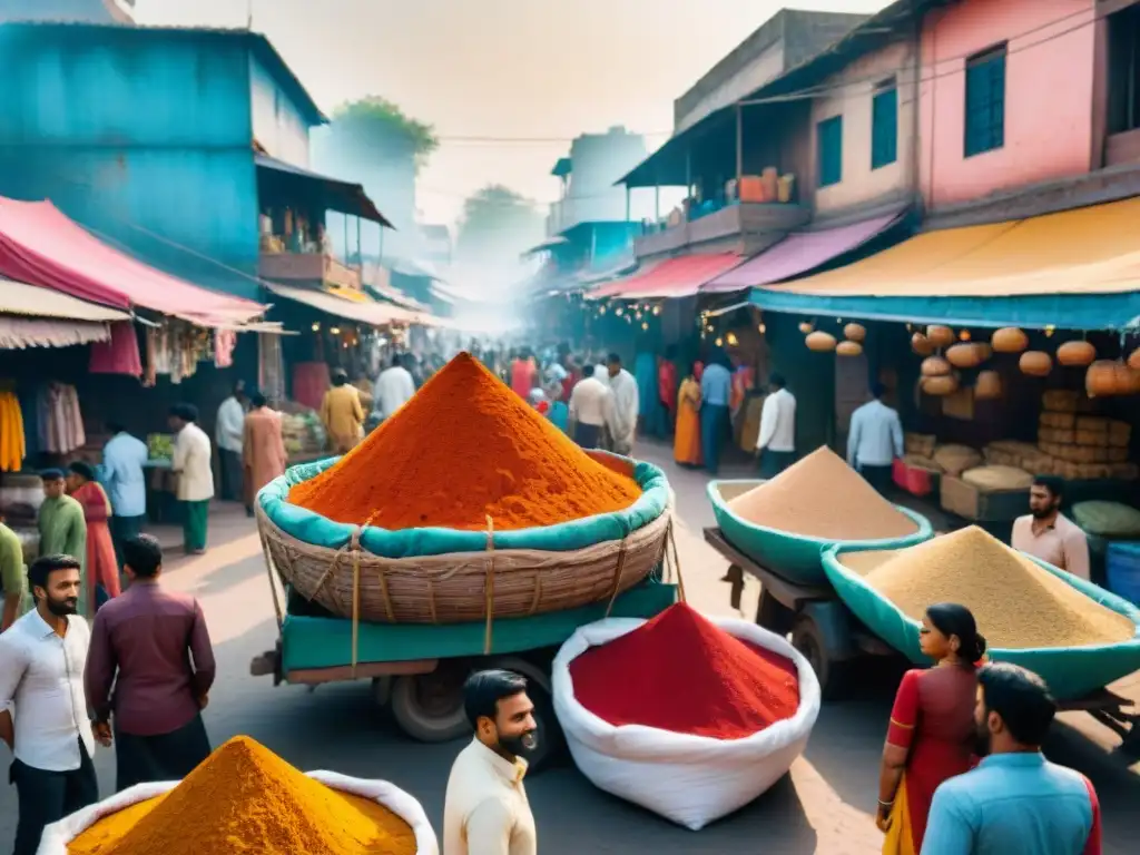 Animado mercado indio con especias y telas coloridas, burbujeantes conversaciones en hindi