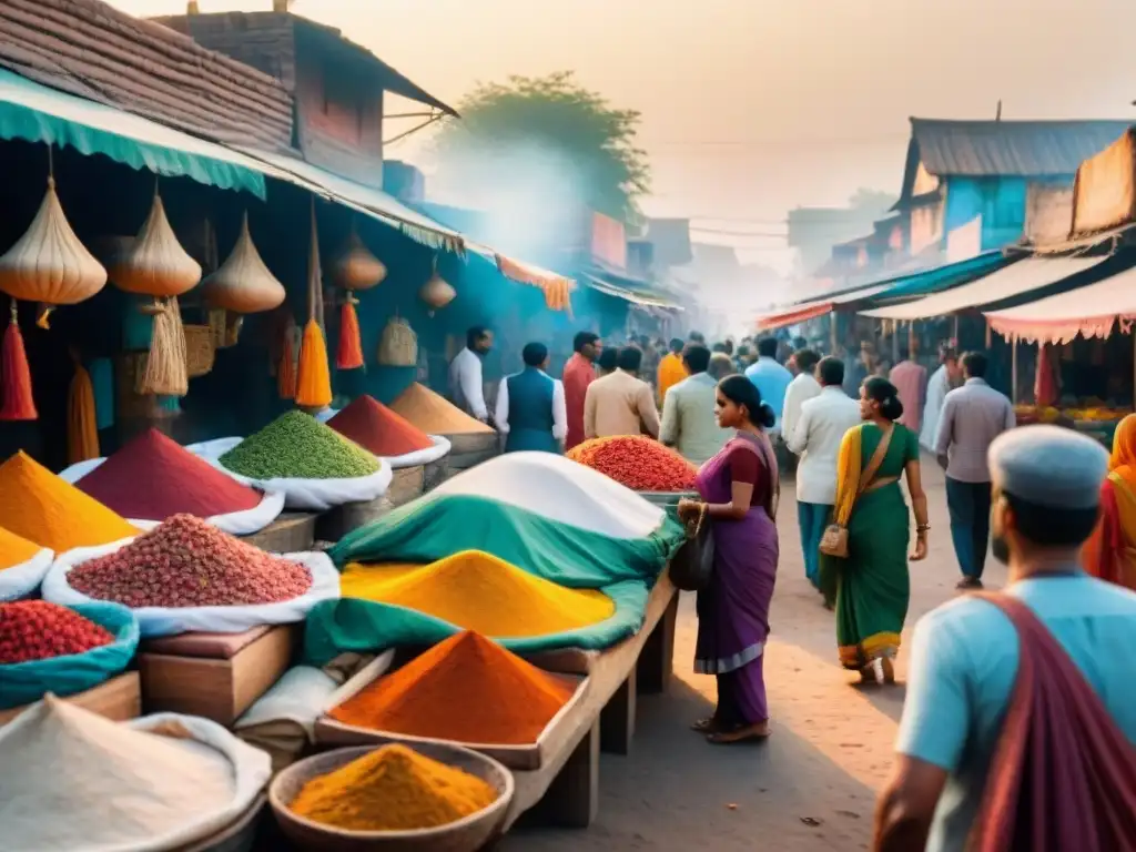 Animado mercado indio con telas coloridas y especias, nativos hablando Hindi