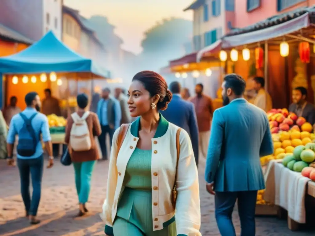 Un animado mercado donde la inteligibilidad mutua de dialectos cercanos une a personas de diversas culturas en armonía al atardecer