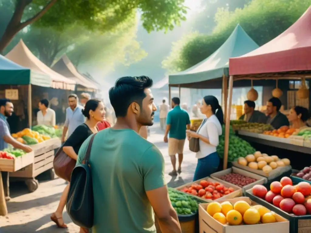 Un animado mercado lleno de gente diversa conversando en dialectos, reflejando el valor de diálogos en dialectos