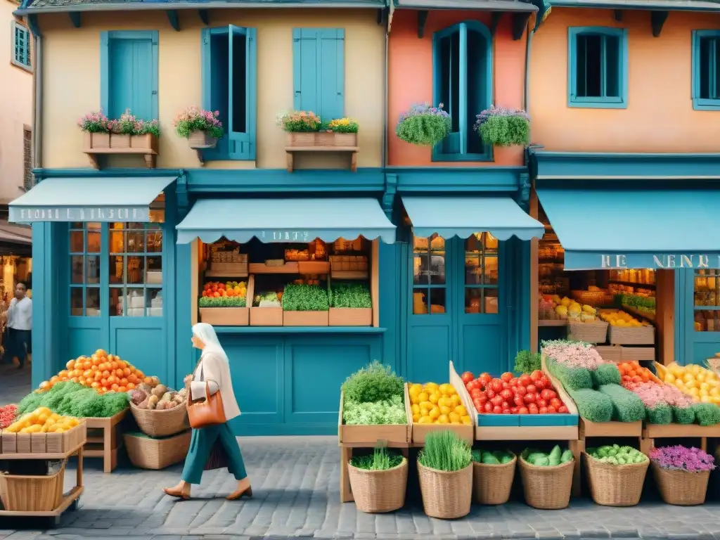 Un animado mercado medieval en Francia con colores vibrantes y detalles encantadores