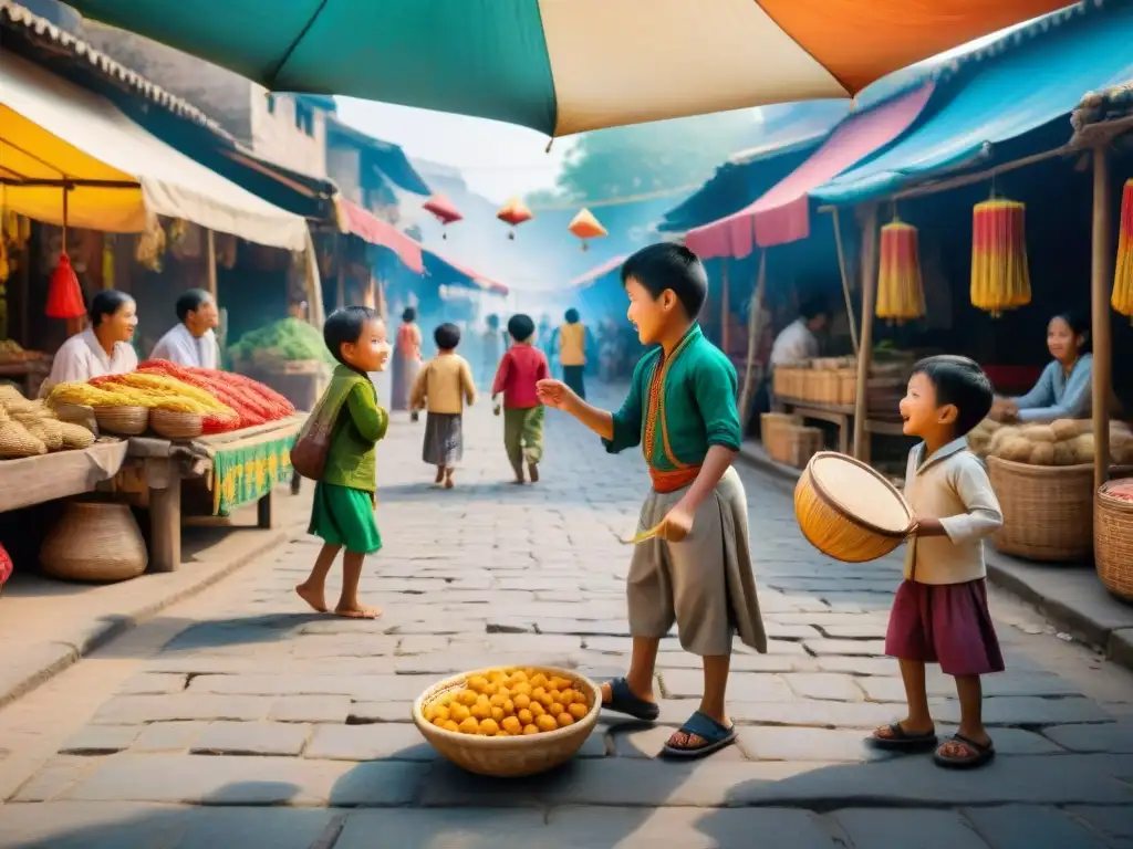 Un animado mercado con niños de distintas culturas jugando juegos tradicionales, en un escenario lleno de color y vocabulario único