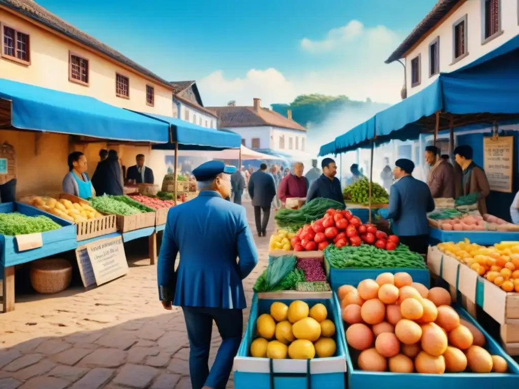 Un animado mercado regional con variedad de personas y coloridas tiendas bajo un cielo azul brillante