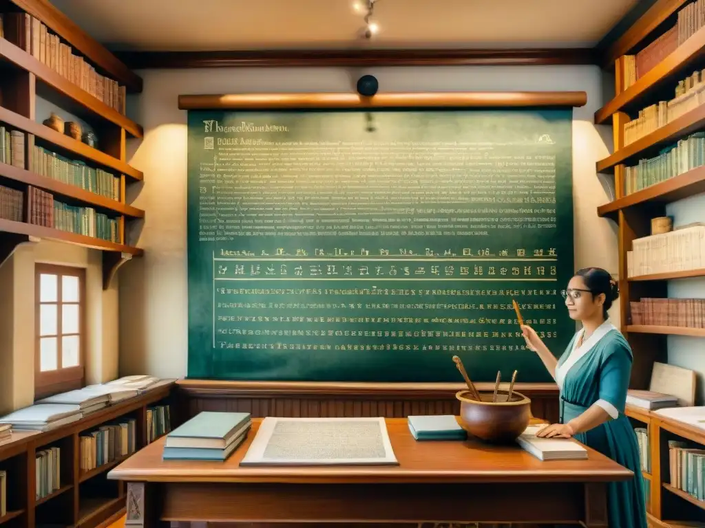 Antigua aula romana llena de estudiantes aprendiendo latín, resaltando la Importancia del Latín en ciencia