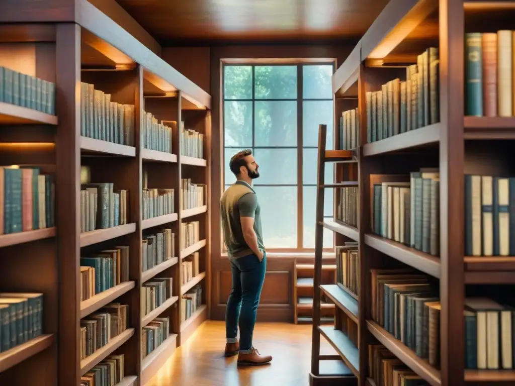 Antigua biblioteca llena de manuscritos latinos sin explorar, bañada por la luz del sol