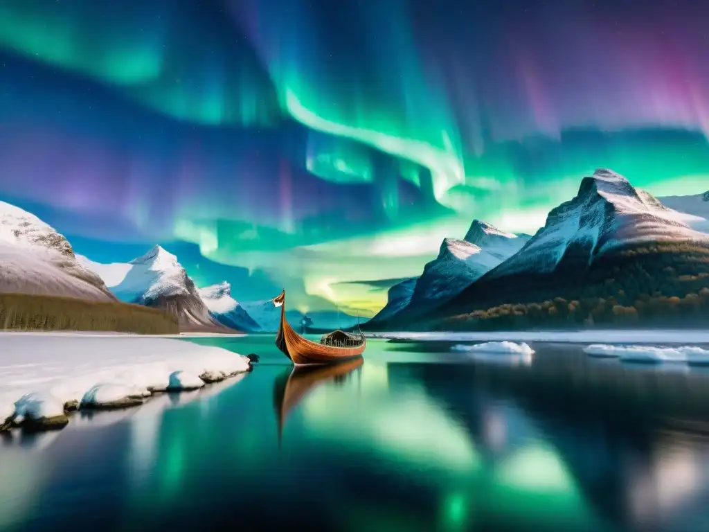 Antigua nave vikinga surca fiordo bajo auroras boreales en ilustración acuarela