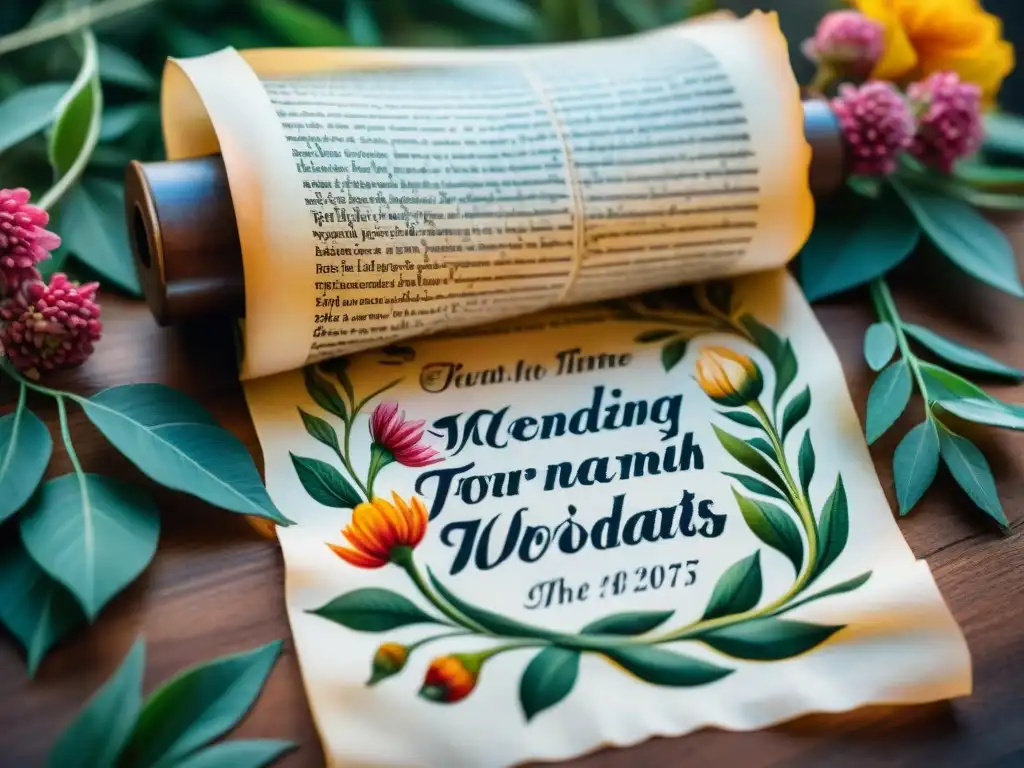 Antigua pergamino desplegándose con caligrafía detallada y flores en flor, simbolizando el cambio semántico en palabras históricas