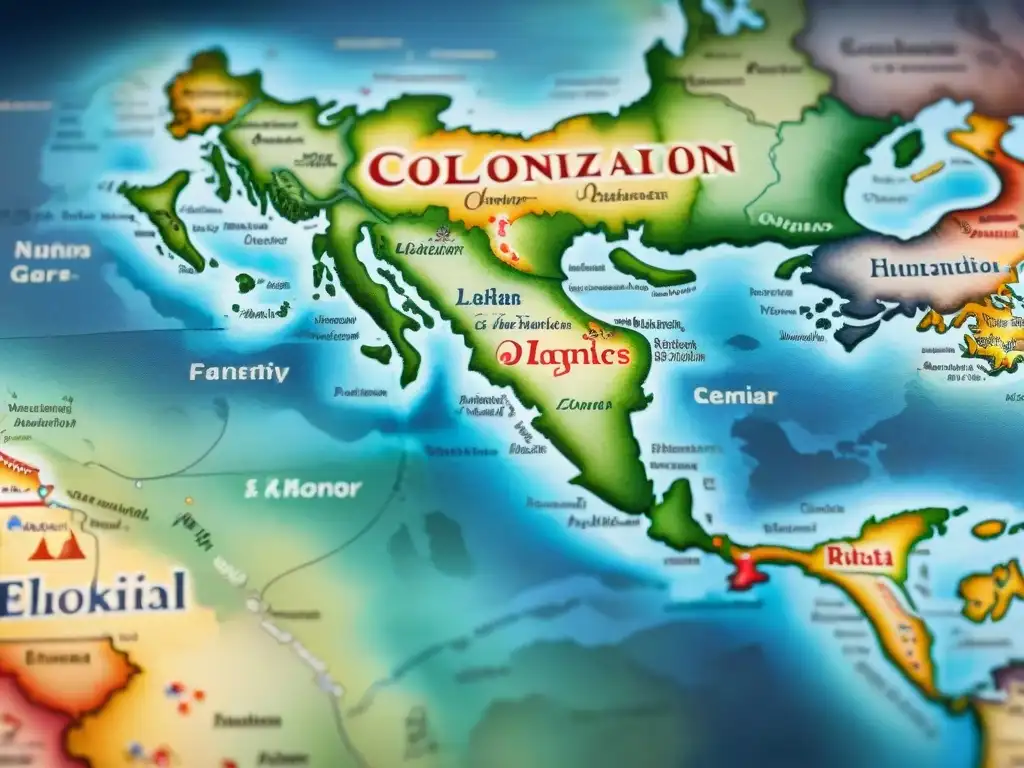 Antiguo mapa detallado con diversos idiomas y culturas, reflejo de la colonización y la diversidad lingüística