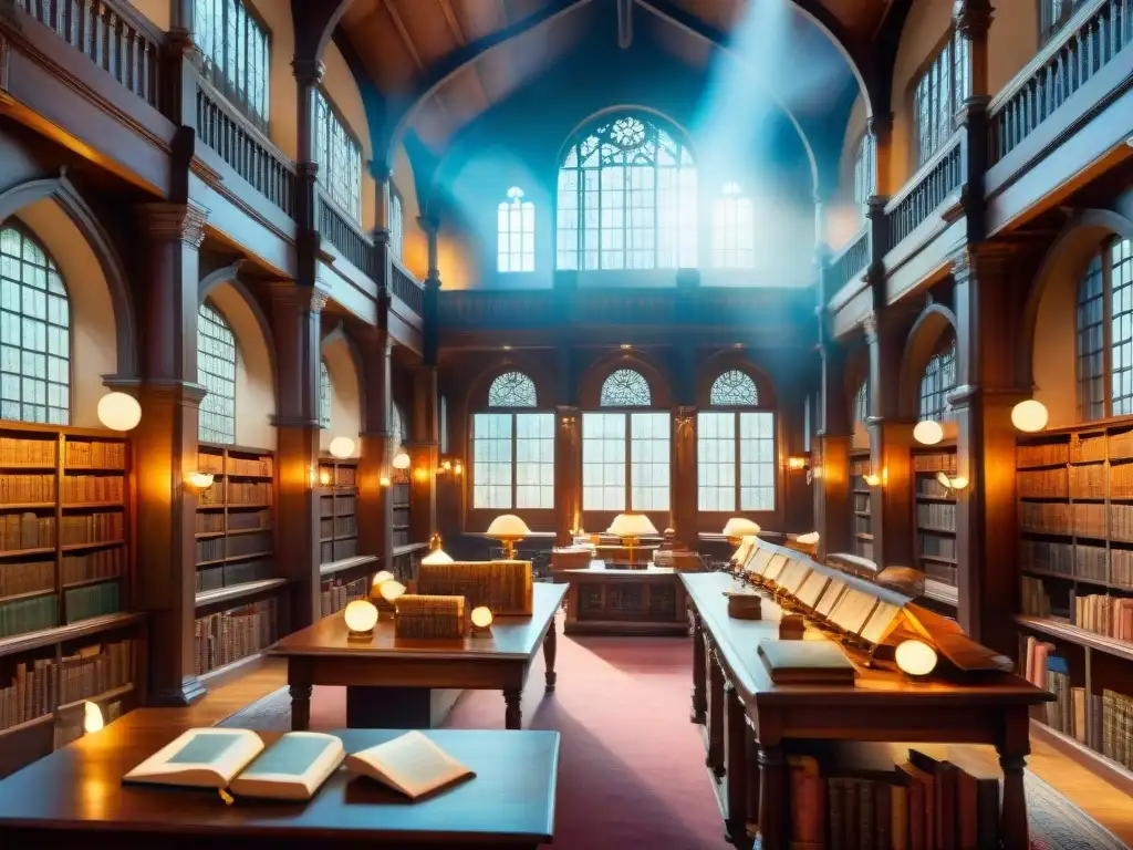 Un antiguo y vibrante escenario en una biblioteca llena de libros y eruditos en profunda discusión, con rayos de sol iluminando la escena