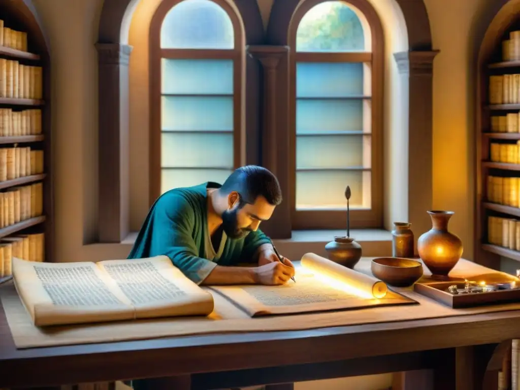 Antiguos escribas griegos transcribiendo en papiros, rodeados de soportes de escritura griega antigua, bajo cálida luz solar