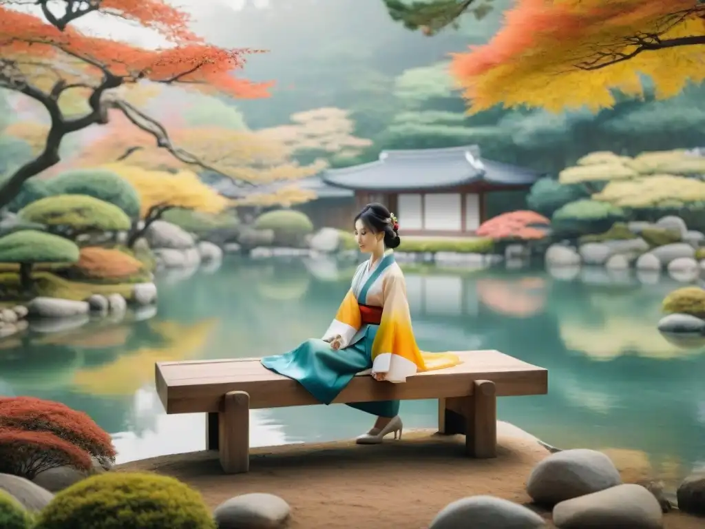 Un apacible jardín japonés con vestimenta hanbok coreana en banco de madera, reflejo otoñal en estanque, política evolución japonés coreano