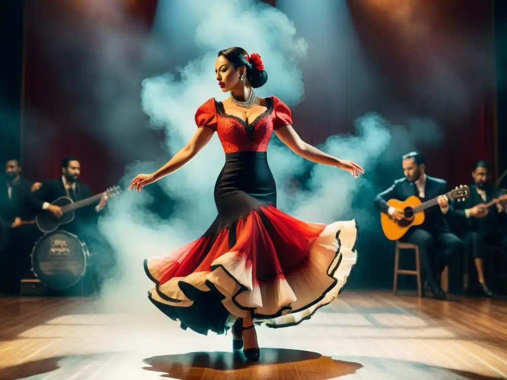 Apasionada bailarina de flamenco en un escenario con música gitana y expresiones culturales