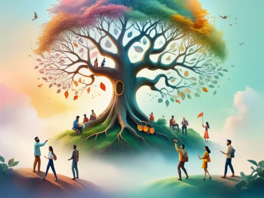 Un árbol ancestral reúne a personas diversas en actividades culturales, resaltando la preservación de idiomas en peligro